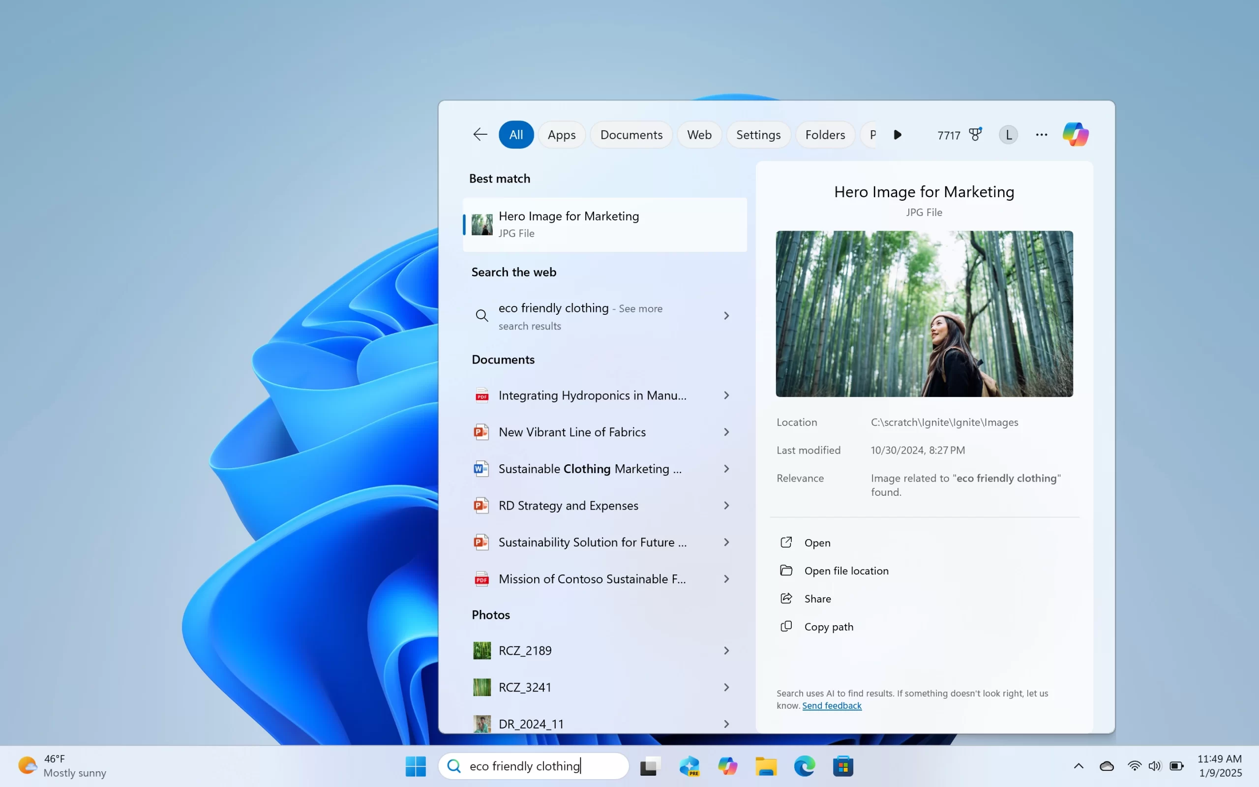 Use your own words to search for documents and images from the taskbar.