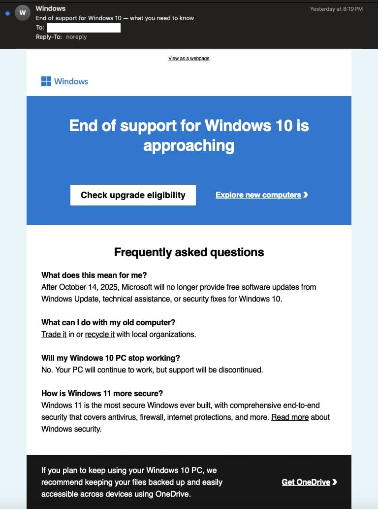 Screen capture of an email sent by Microsoft indicating that your team will no longer have update support.